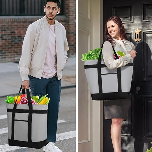 CIVJET Insulated Reusable Tote Bag for Grocery Shopping for Women/Men, Pizza/Food Delivery Bag to Keep Food Cold/Hot for Uber Eats/Doordash/Grubub, Cooler Bags for Travel/Beach/Picnic, Cooler Bag,Grey