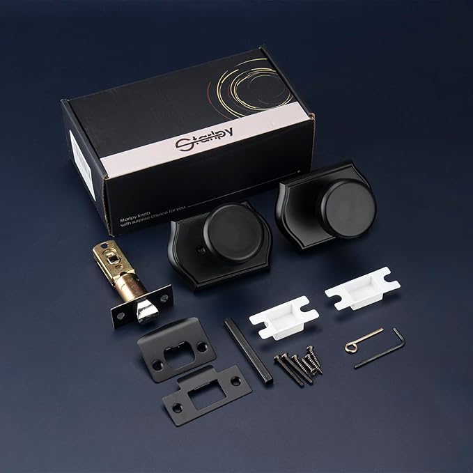 6 Pack Pismo Doorknobs with Lock for Bath & Bedroom, Black Interior Door Knobs with Camelot Trim