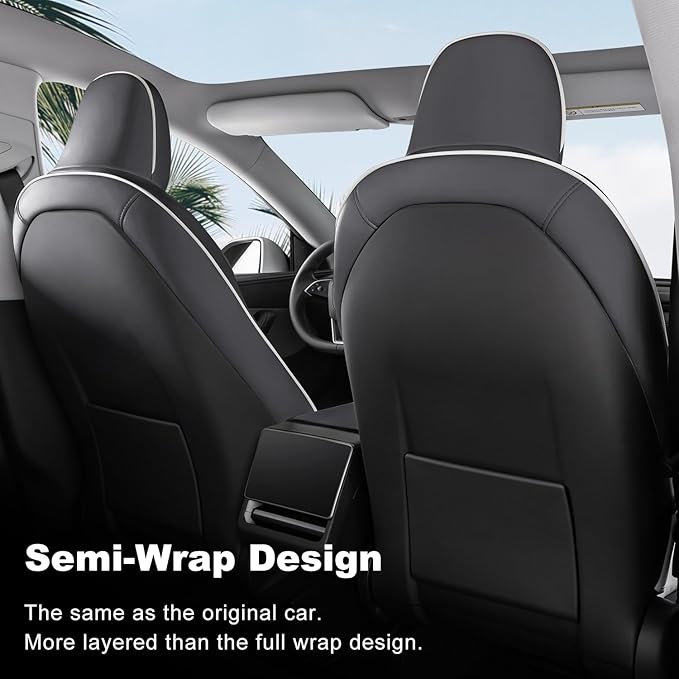 Nappa Leather Car Seat Covers Compatible with 2025–2026 Tesla Model Y Juniper, Black & White Two-Tone Design, Custom Fit Full Set, Airbag Compatible Car Interior Cushion Covers