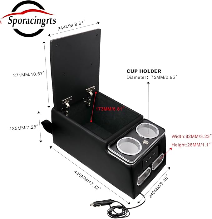 Sporacingrts Center Console Armrest Organizer with LED Light, USB Port, Cup Holders, Armrest, Padded Top Lid - Ideal for Business Upgrade Center Console Organizerand