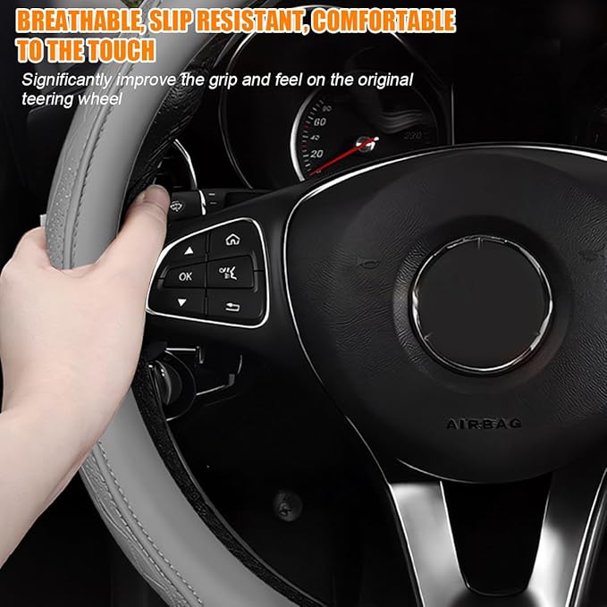 Car Steering Wheel Cover, 14.5-15" Breathable Soft Leather Vehicle Steering Wheel Protector with Anti-Slip Lining, Comfortable Auto Interior Decoration Accessories, Universal Fit (Grey)