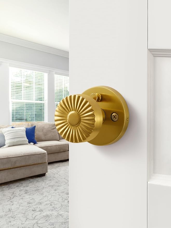 Privacy Door Knob Gold Door Knob, Bedroom Bathroom Vintage Bright Gold Door Handle Interior Brushed Gold DoorKnob, Stainless Steel Knob, 1 Pack