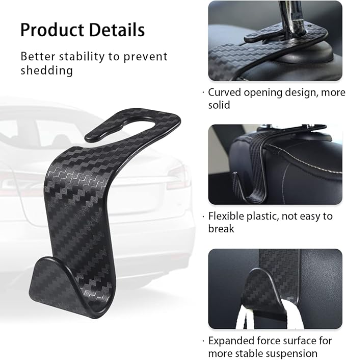 Ziciner Car Seat Headrest Hooks, 4 Pack Auto Durable Backseat Hangers Storage Organizer, Universal Car Interior Accessories for Purse, Grocery Bags, Handbag (Black Carbon Fiber)