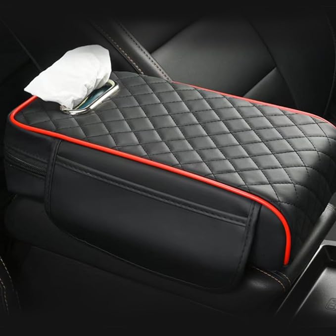 Car Center Console Cover, Leather Car Armrest Box Pad with Pocket and Tissue Box Arm Rest Cushion Universal Car Seat Box Cover Car Interior Accessories for SUV/Truck/Vehicle (Black+Red)