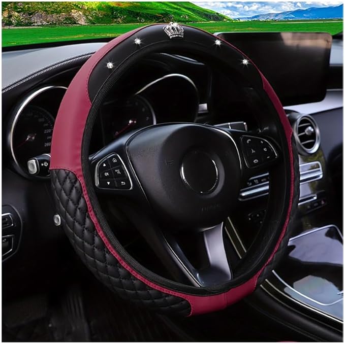 Bling Car Steering Wheel Cover, Diamond Leather Crystal Rhinestones Vehicles Steering Wheel Protector, Sparkling Anti-Slip Automotive Interior Decoration Accessories, Universal Fit (Wine Red)