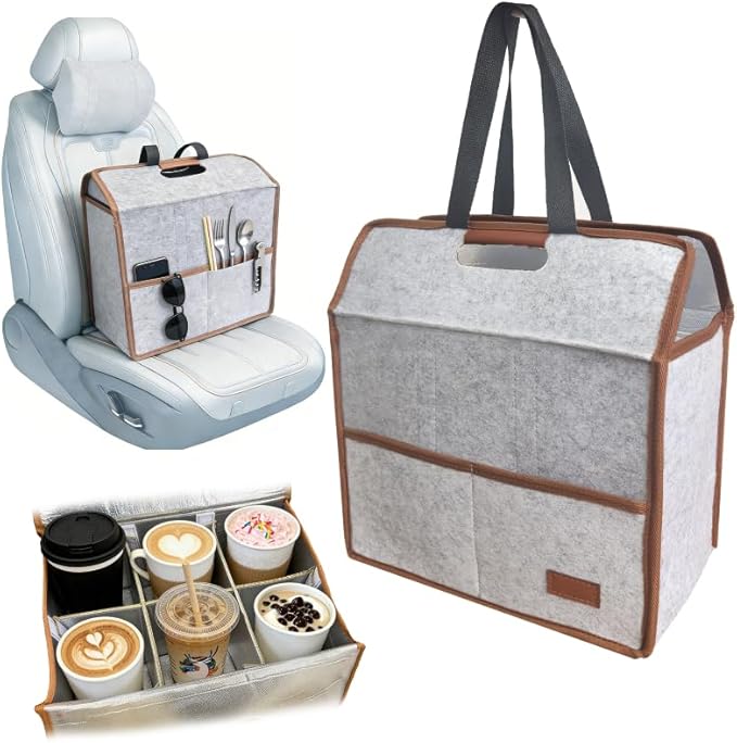 6 Cup Drink Carrier with Handle, Reusable Insulated Cooler Drink Caddy for Car Cup Holder, Foldable Coffee Carrier Bag with Adjustable Dividers, Portable for Car, Travel, Picnic Party, Food Delivery