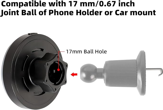15W Magnetic Wireless Charging Phone Holder with 17mm Ball Socket for MagSafe, Universal Replacement for Car Air Vent, Dashboard, Windshield Phone Holders | Strong Magnet, 360° Rotation