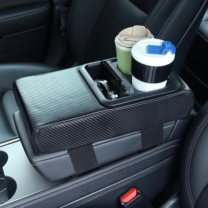 Supin Car Armrest Cushion - Multifunctional Faux Leather Armrest Cushion with Cup Holder, Phone Storage, and Ergonomic Design for All Seasons (Carbon Style)