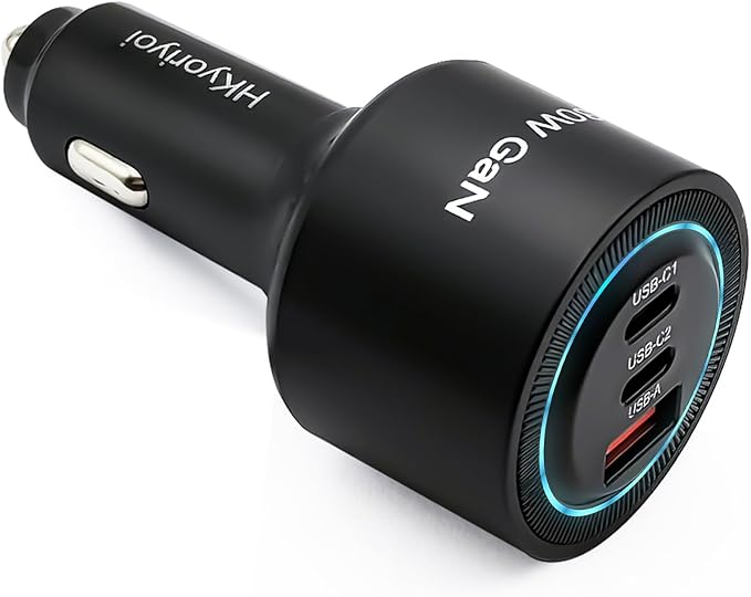 HKyoriyoi 130W USB C Car Charger, 3-Port PD100W+PD30W Super Fast Charging Adapter for iPhone 17/16 Pro Max, Galaxy S25/24 Ultra, Samsung, Android, Type C Cigarette Lighter for Laptop, iPad, MacBook