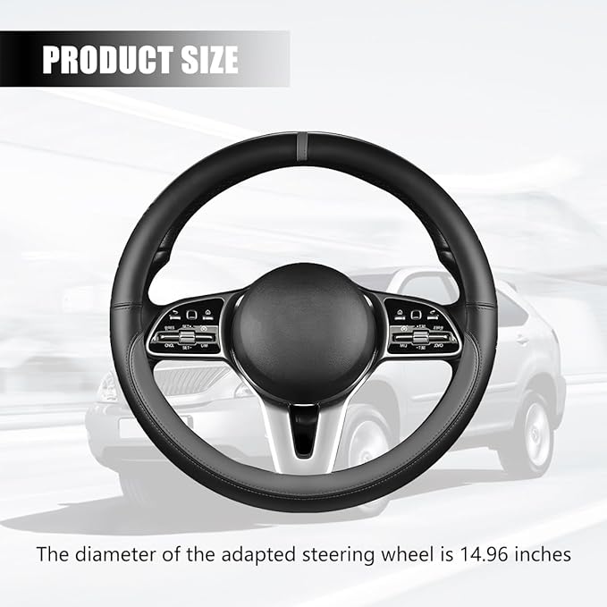 Car Steering Wheel Cover, 15 Inch Leather Anti-Slip Breathable Vehicle Steering Wheel Protector, Automotive Interior Protection Accessories, Universal for SUV Sedan Truck (Black/Gray)