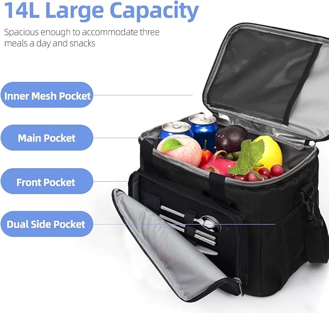 iknoe Insulated Lunch Bag, Foldable 14L Cooler Bag for Men & Women, Leakproof Thermal Design, Great for Office, Picnic, Travel, Lunch Box, Black New