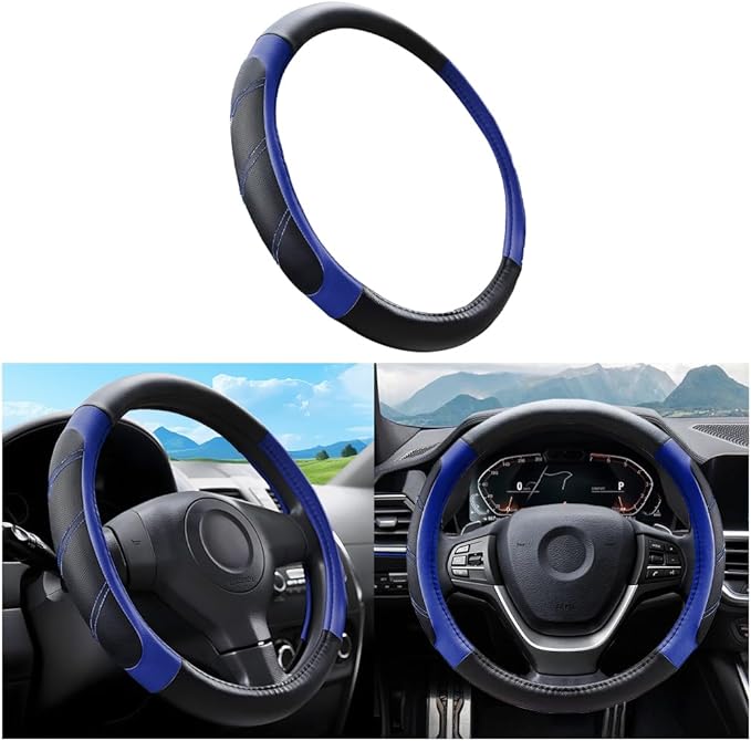 Mandark Car Steering Wheel Cover, Elastic Sport Leather Vehicle Steering Wheel Protector, Non-Slip Soft Grip Padded Auto Interior Protective Accessories, 14.5-15 Inch Universal Fit（Blue）