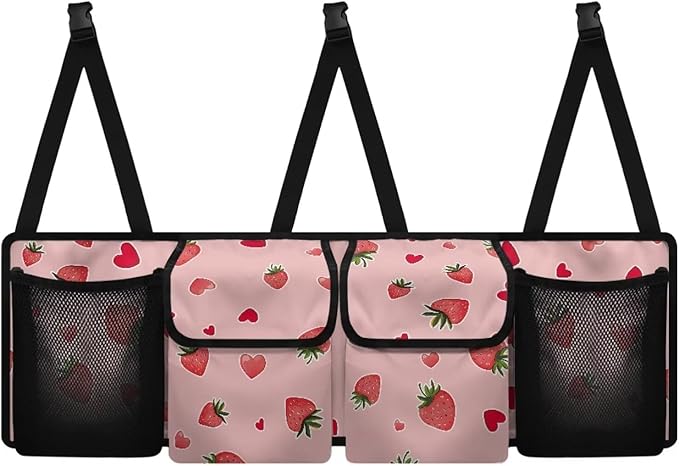 Strawberry Trunk Seat Organizer Back Seat Hanging Organizer for SUV, Sedan, Pink Trunk Oxford Cloth Bag, Equipped with Robust Elastic Net, Space Saving Expert