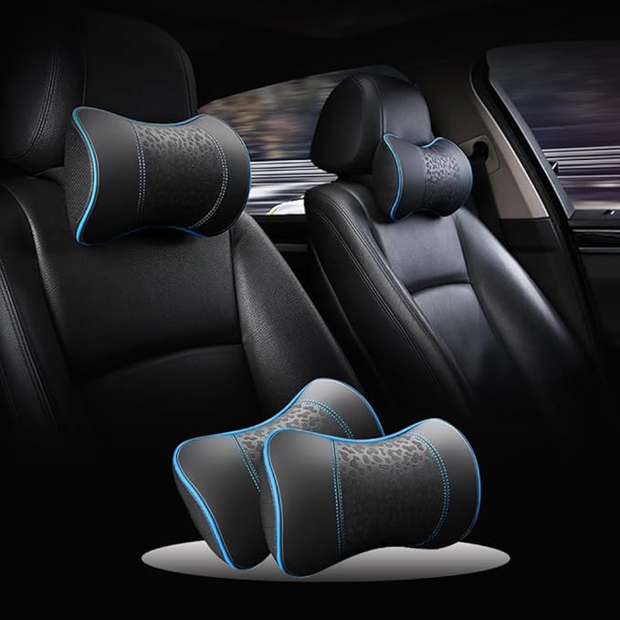 Car Leather Neck Pillows, Neck Rest Cushions,100% Memory Foam Cervical Support, Comfortable Travel car Seats and Home Office Soft Pillows, Blue a Set (2 pcs