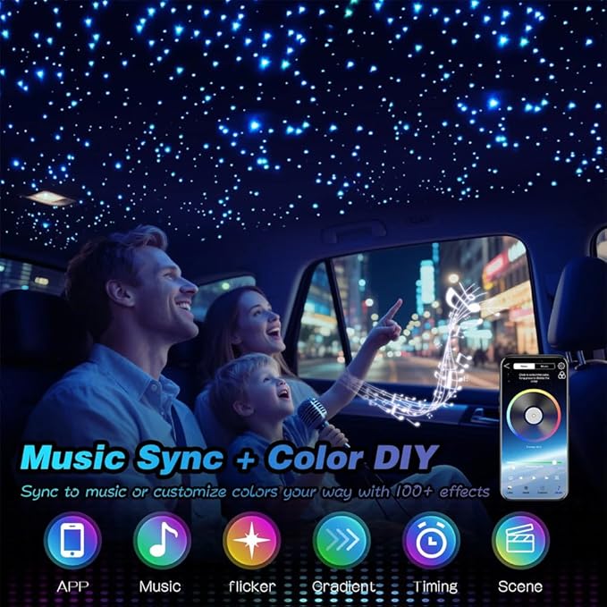16W Twinkle Starlight Headliner Kit 1000 Piece, 6.5ft/2m 0.03in Car Interior Ceiling Fiber Optic Lights, APP/Remote Control Star Roof Lights for Car/Party Ambient Decor