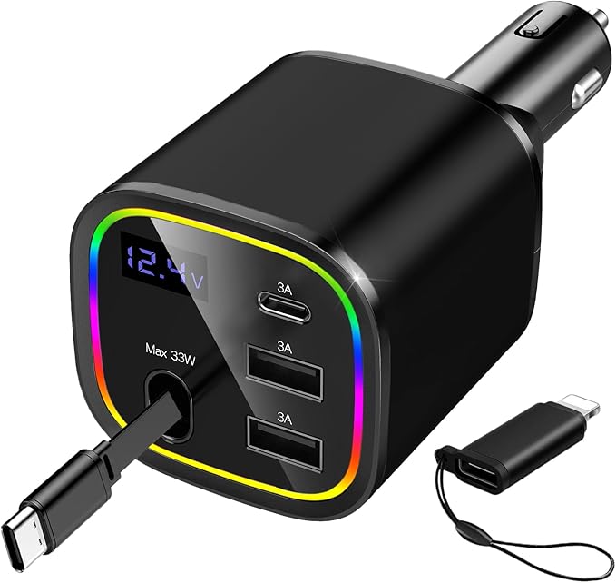 Car Charger USB C, 4in1 Car Phone Charger with USBC Retractable Cable for iPhone Android Fast Charge, AGEMANY 78W Cigarette Lighter Adapter with Voltage Display, 12V/24V Car Accessories Gift (Black)