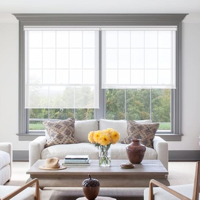 LUCKUP Light Filtering Roller Shades for Windows, Cordless Semi Sheer Solar Blinds with 5% Openness Free-Stop Window Shades for Home & Office, White 35" W x 72" L