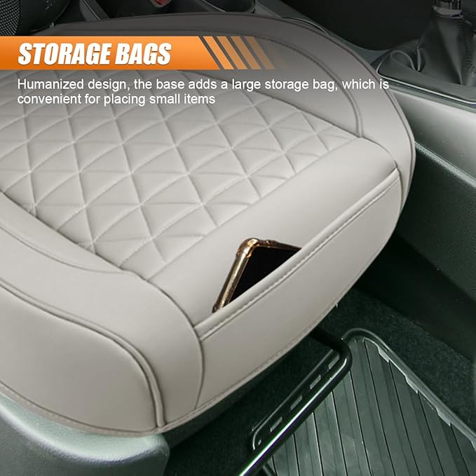 Luxury Faux Leather Car Seat Cover, Anti-Slip Waterproof Universal Front Bottom Seat Protector with Storage Pocket, Triangular Pattern Vehicle Seats Cushion for Sedans, SUVs, Trucks (Grey)
