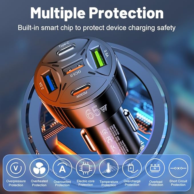 Super Fast Charging USB-C Car Charger Adapter, 65W 5-in-1 Multi-Port PD30W & QC3.0 Cigarette Lighter USB Charger for iPhone/Android/Samsung/iPad Pro (Black)