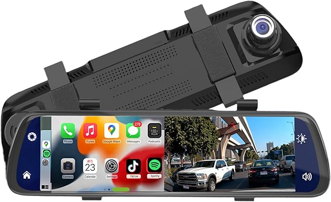 BY-J 10'' Rearview Mirror Camera with CarPlay&Andorid Auto,2K Mirror Dash Cam Front and Rear Backup Camera with Reverse Assist/Loop Record/G Sensor/Voice Control&Split Touch Screen