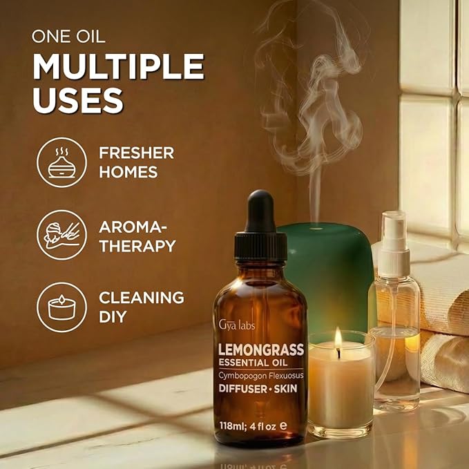 100% Pure Lemongrass Essential Oil - 4 Fl Oz - Lemongrass Oil for Hair, Skin, Diffuser, Aromatherapy & DIY Candle Making Scent