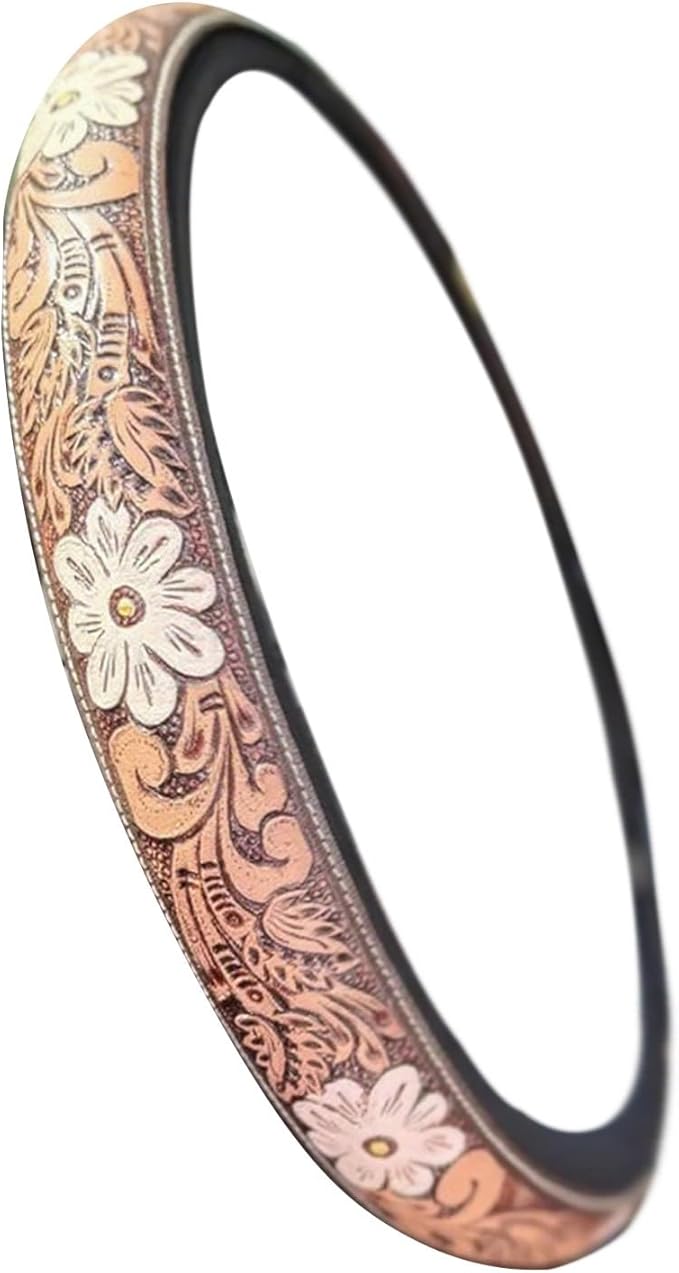 Retro Western Cowboy Car Universal Steering Wheel Cover, Embossed Handcrafted Tooled Leather Western,Anti Slip, Auto Interiors Accessories,Breathable for Trucks SUVs Cars (B)