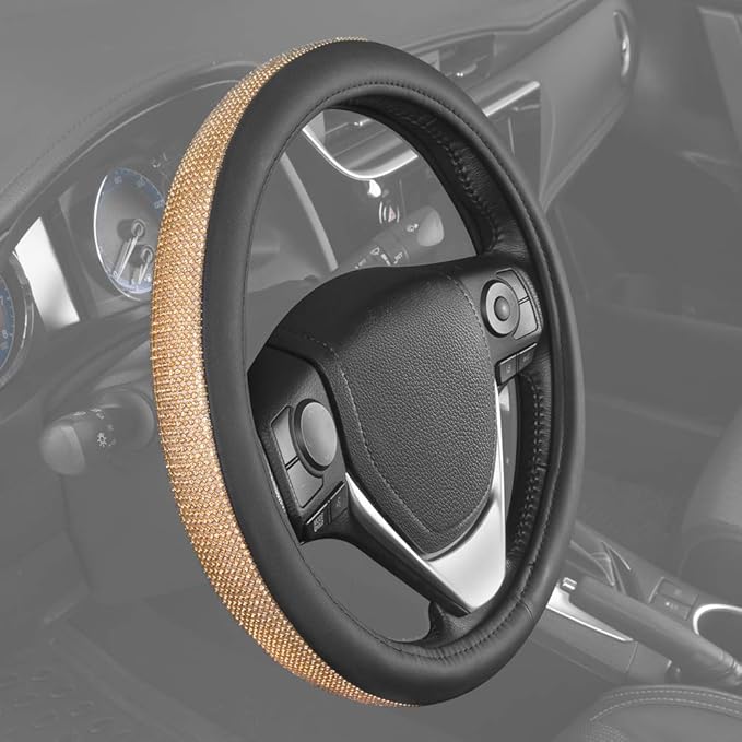 BDK Bling Bling Glitter Diamond Leather Steering Wheel Cover with 9 Rows Crystal Rhinestones, Universal Fit 14.5-15.5 Inch for Women/Girls (Bling Crystal Diamonds - Gold)