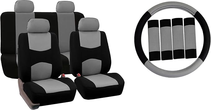 FH Group Car Seat Covers Flat Cloth Automotive Gray Full Set, Rear Solid Bench Universal Fit Combo Steering Wheel Cover & Seat Belt Pads Car Seat Protector for Cars Trucks SUV Interior Accessories