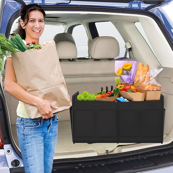 Homeve Trunk Organizer, Car Storage, Reinforced Handles, Collapsible Multi-Compartment, Foldable, Waterproof, Sturdy, 600D Oxford Polyester For Car, SUV, Mini-Van, Black, 2 Compart-Medium
