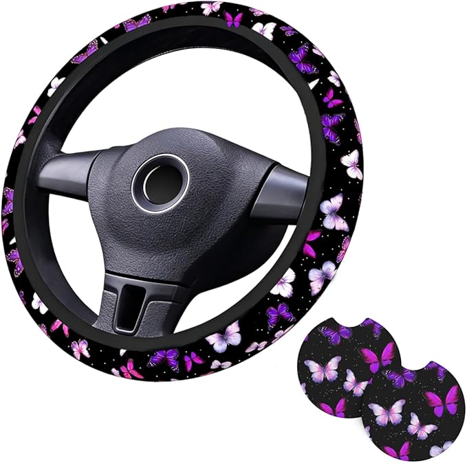 Butterfly Purple Steering Wheel Cover Butterflys Steering Wheel Cover Accessories Universal 2 Pieces Car Coasters Anti Slip Car for Men Women