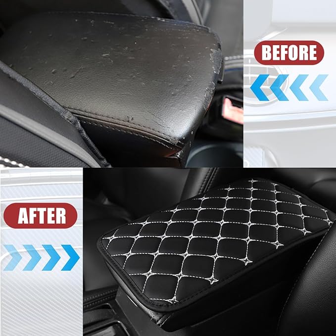 Car Center Console Cushion Pad, PU Leather Vehicle Armrest Cover Protector, Anti-Scratch Automotive Interior Arm Rest Seat Box Mat Accessories, Universal for SUV Sedan Truck (Black/White)