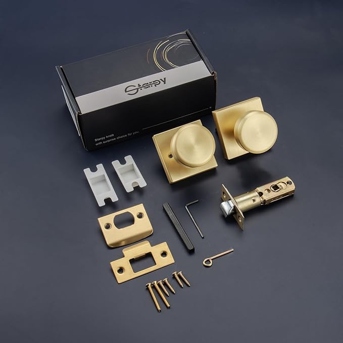 6 Pack Brushed Gold Door Knobs Interior, Pismo Doorknob with Square Rosette for Hall