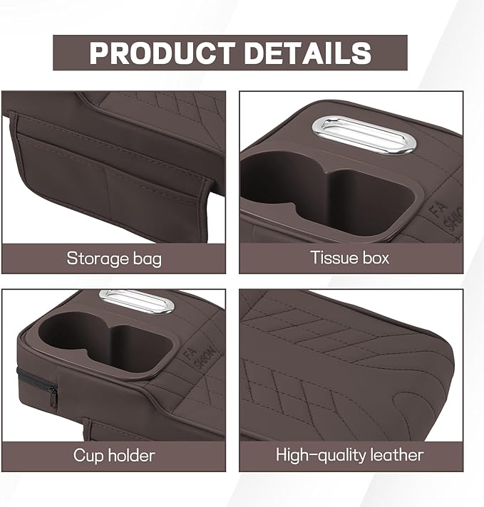 Car Center Console Armrest Pillow, 13.4"×7.5"×2" Leather Auto Arm Rest Cover with Pocket & Tissue Box & Cup Holder, Multifunctional Vehicle Armrest Cushion Pad, Car Accessories (Brown)