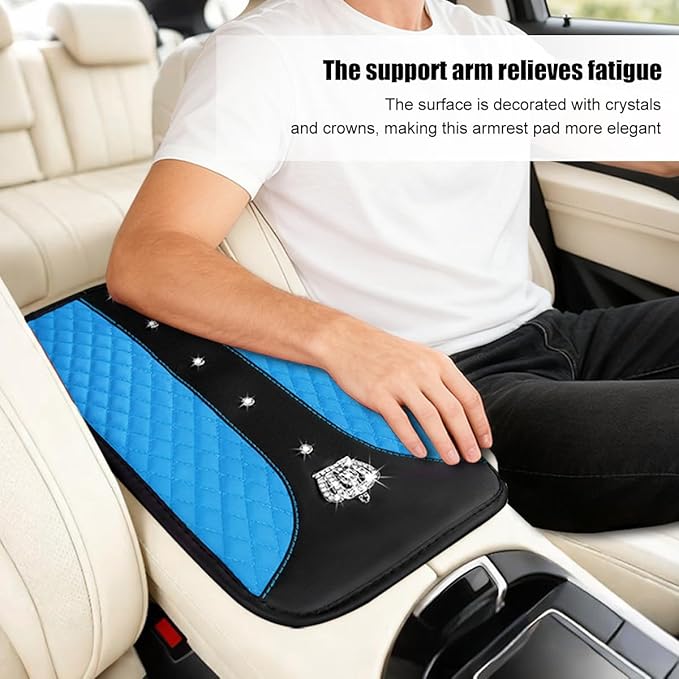 Bling Car Center Console Cover, Crown Crystal Rhinestones Vehicle Armrest Mat Protector, Anti Slip Sparkling Automotive Arm Rest Seat Box Cushion Pad Decor Accessories, Universal Fit (Blue)