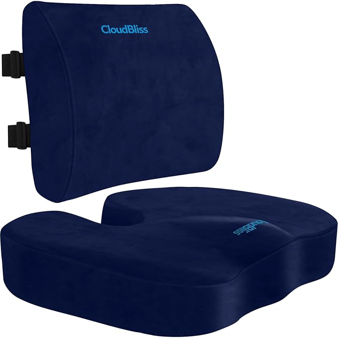CloudBliss Lumbar Support Pillow & Seat Cushion Set for Office Chair, Desk Chair, Wheelchair & Car–Memory Foam Back Support,Ergonomic Chair Cushions, Sciatica Pain Relief,Home Essentials(Blue,XL)