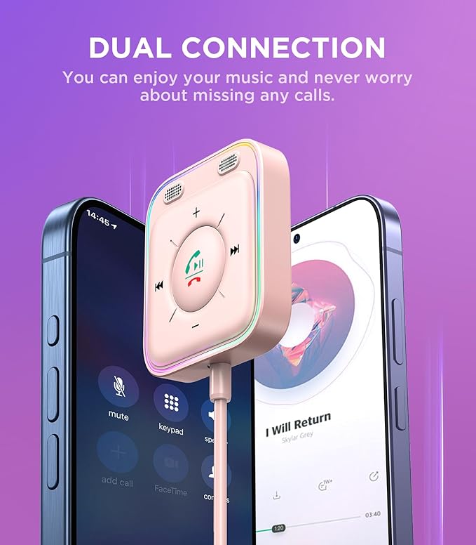 JOYROOM Bluetooth 5.4 Receiver for Car, AUX Bluetooth Car Adapter, 3.5mm Wireless Audio Receiver for Home Stereo/Wired Headphones, Hands-Free Call, Noise Cancelling, Pink