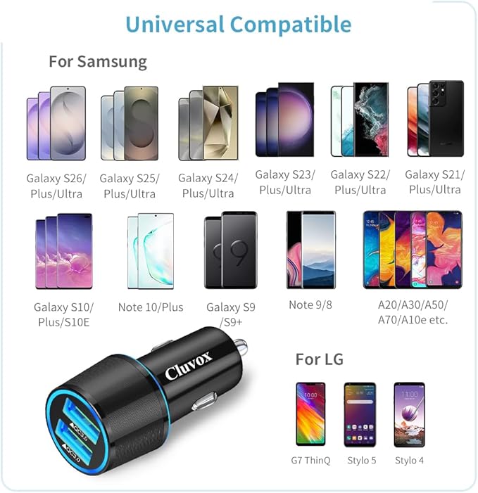 Fast USB Car Charger for Samsung Galaxy A56/A55/A54/A53/A50/A17/A16/A15/A14/S26/S25/S24/S23/S22/S21 Plus/Ultra/Note 20/A21/A31/A51 Quick Charge 3.0 Dual USB Rapid Car Charger with Type C Cable 3.3ft