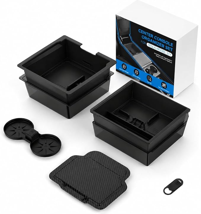 Center Console Organizer Tray for Tesla Model Y Juniper 2025-2026 & Model 3 Highland 2024-2026 - Tesla Accessories Storage Double Layer Tray Silicone Non-Slip Surface, Cup Holder & Camera Cover