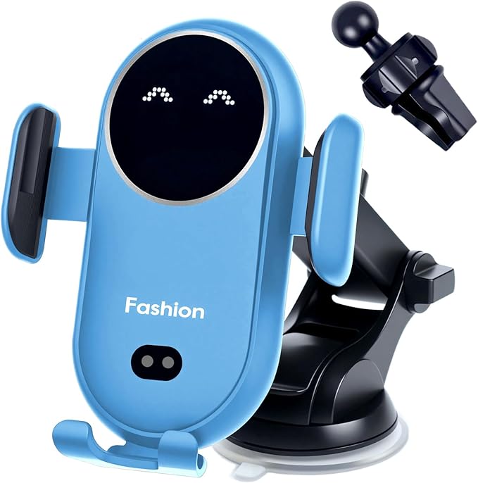 Wireless Car Charger Mount with Air Vent Clip & Suction Base, 15W Fast Auto-Clamping Charging Phone Holder for iPhone 17/16/15/14, Samsung S24/S23, etc.(Blue)