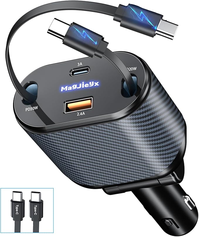 Retractable Car Charger for 4 in 1 Fast Charging Max 80W【2 Type-C Charging Cable】 for iPhone16 15/Galaxy,USB-A/C Port for iPhone16/15/14/13/Pro Max Plus,iPad,AirPods,PD 3.0 Cord