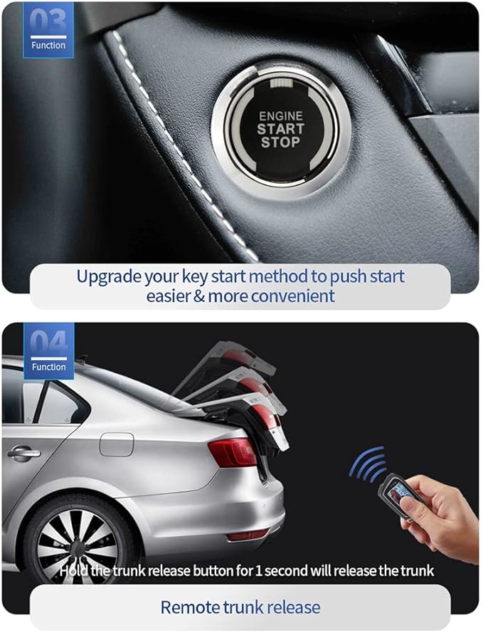 EASYGUARD EC207-M9-SR 2 Way Car Alarm Security Kit with LCD Pager Display Push Start Button Remote Engine Timer Engine Start with Siren DC12V