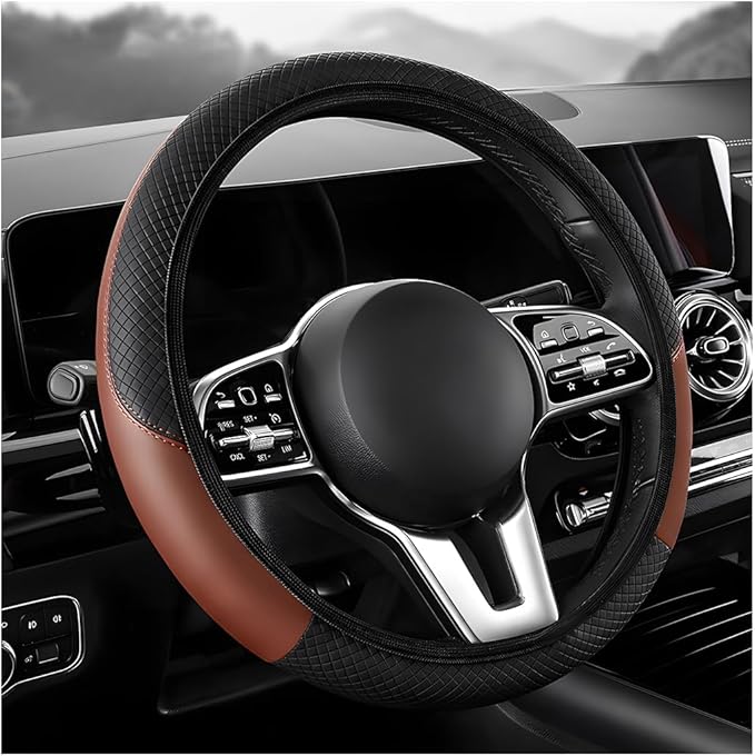 Car Steering Wheel Cover, 15 inch Carbon Fiber Microfiber Leather Elastic Steering Wheel Protector, Breathable Anti-Slip Comfortable Steering Wheel Covers for Most Cars (Black&Khaki, AD)
