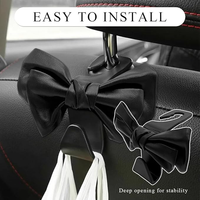 2PCS Purse Holder for Car Hooks, Cute Bow Car Seat Headrest Hooks Handbag Hanger, Bow Knot Auto Back Seat Organizer Storage Hook for Purse Bags Umbrellas, Car Accessories (Black)
