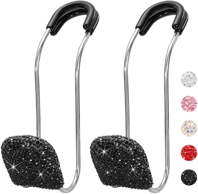 SAVORI Car Headrest Hooks Bling Car Accessories Rhinestones Universal Auto Back Seat Headrest Metal Hanger Organizer Vehicle Holder for Bag Purse Clothes Grocery 2PCS (Black)