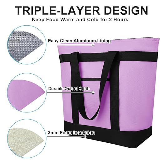CIVJET Insulated Reusable Tote Bag for Grocery Shopping for Women/Men, Pizza/Food Delivery Bag to Keep Food Cold/Hot for Commercial Delivery Services, Cooler bags for Travel/Beach/Picnic, Lavender