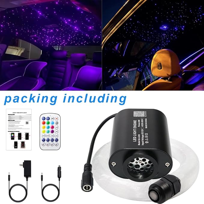 AMKI Mini 6W Starlight Headliner Kit 600pcs 0.03in 13.1ft,Twinkle+Sound Activated Fiber Optic Light 4Lamp Beam Starlight Box APP/Remote Control for Car Home Star Ceiling Decoration