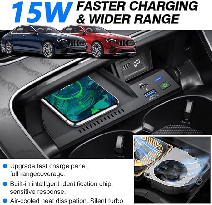 Wireless Car Charger for Mercedes-Benz E-Class Coupe AMG 2016-2023, 15W Fast Charging Phone Charger Pad for Mercedes Benz E350 E450 AMG E53 E63 S Coupe Wagon Convertible Accessories