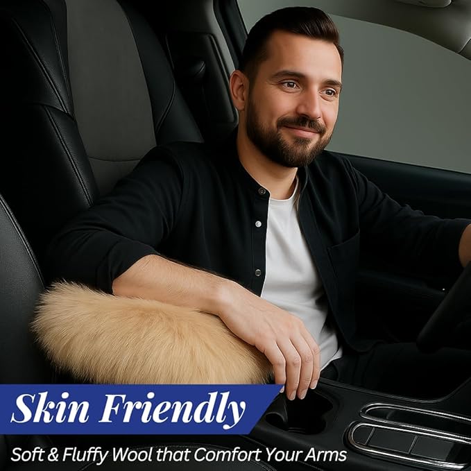 Andalus Brands Pure Australian Sheepskin Fluffy Car Center Console Cover, Luxurious Non-Shedding Furry Arm Rest Cover for Car, Versatile for All Seasons, Beige - (11.47" X 6.3")