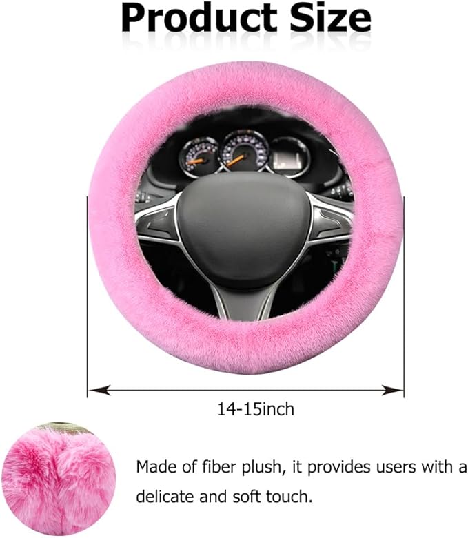 Fluffy Steering Wheel Cover, Winter Warm, Suitable for Most Car Steering Wheels in The 14-15 Inch Range (Pink, 1PCS)