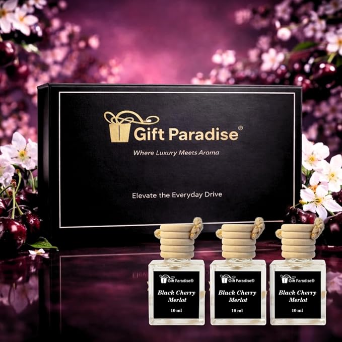 Gift Paradise® Luxury Black Cherry Merlot Car Air Freshener Set of 3 – 10 ml Hanging Glass Diffusers – Sweet Cherry & Red Wine Scent – Long-Lasting – Premium Magnetic Gift Box Included